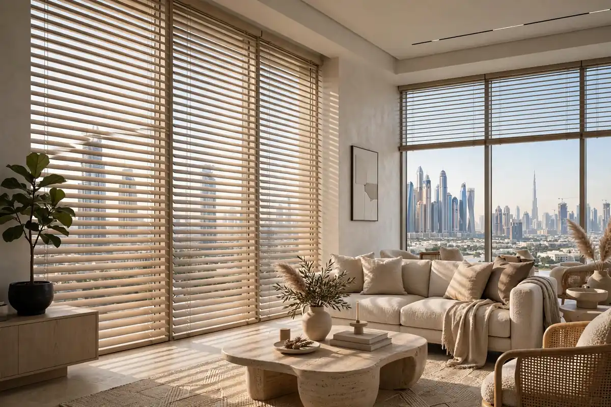 Modern blinds in UAE filtering sunlight in a Dubai apartment