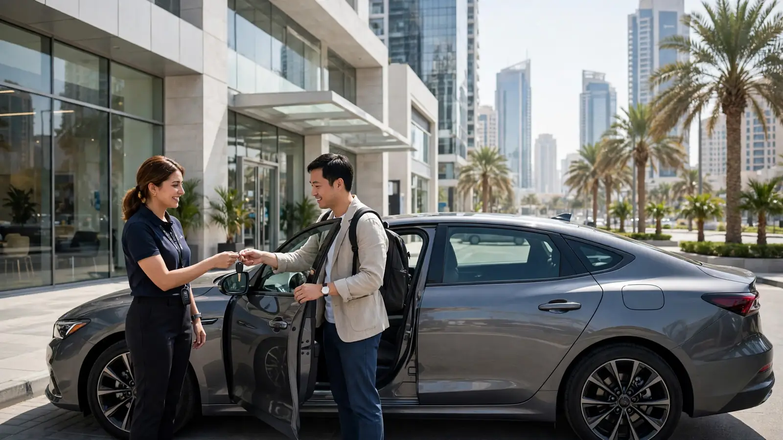 Car rental in UAE - modern rental car outside a Dubai rental office