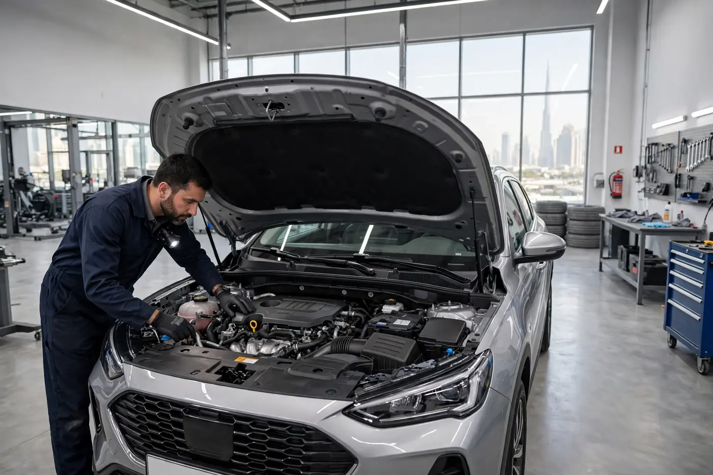 Mechanic doing car repair in UAE in a modern Dubai workshop
