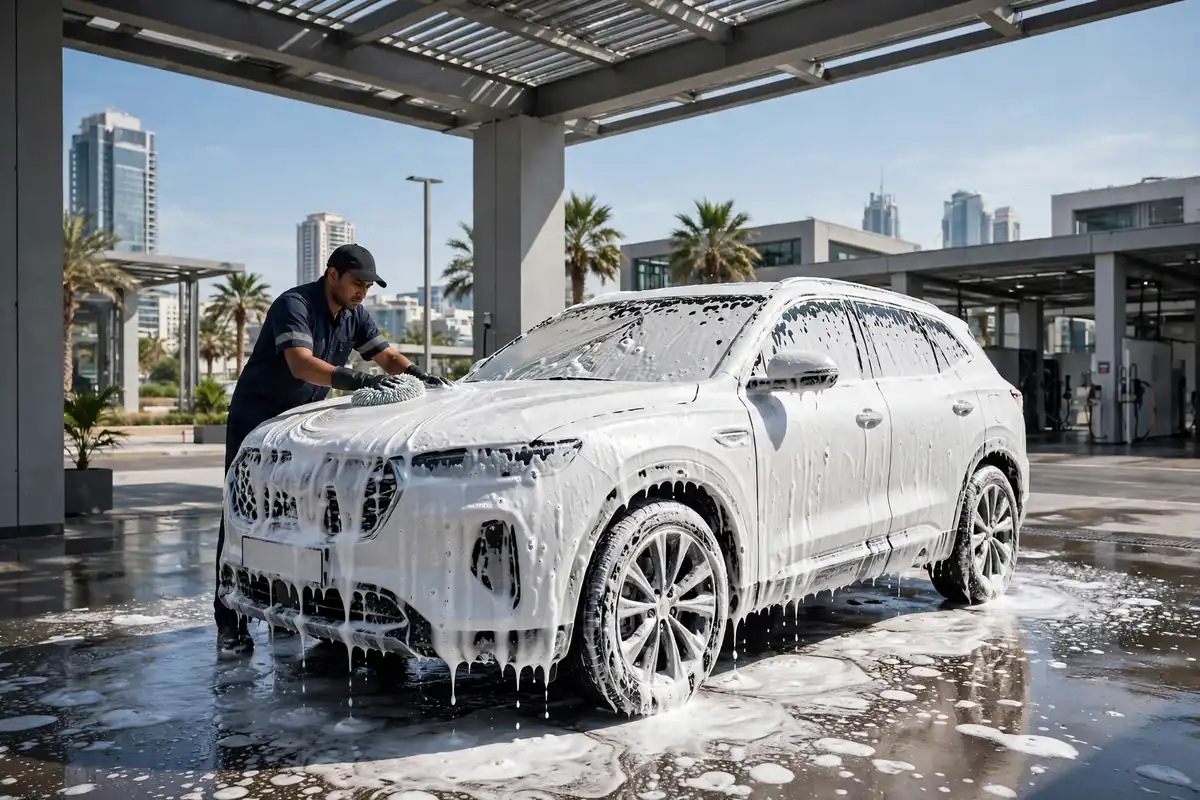 Worker hand washing an SUV at a car wash in UAE