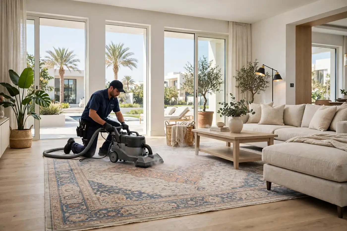 Technician providing carpet cleaning in UAE in a bright Dubai villa