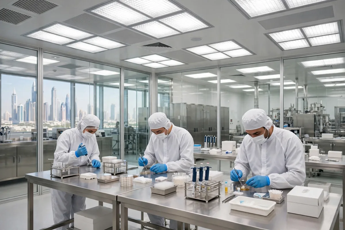Clean rooms in UAE facility with technicians in protective gowning working at stainless steel benches