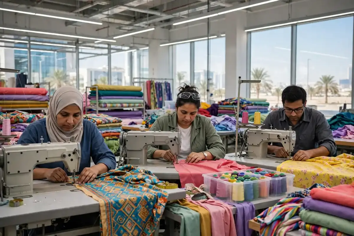 clothing manufacturers in UAE – garment workers sewing clothes on industrial machines in a clean factory
