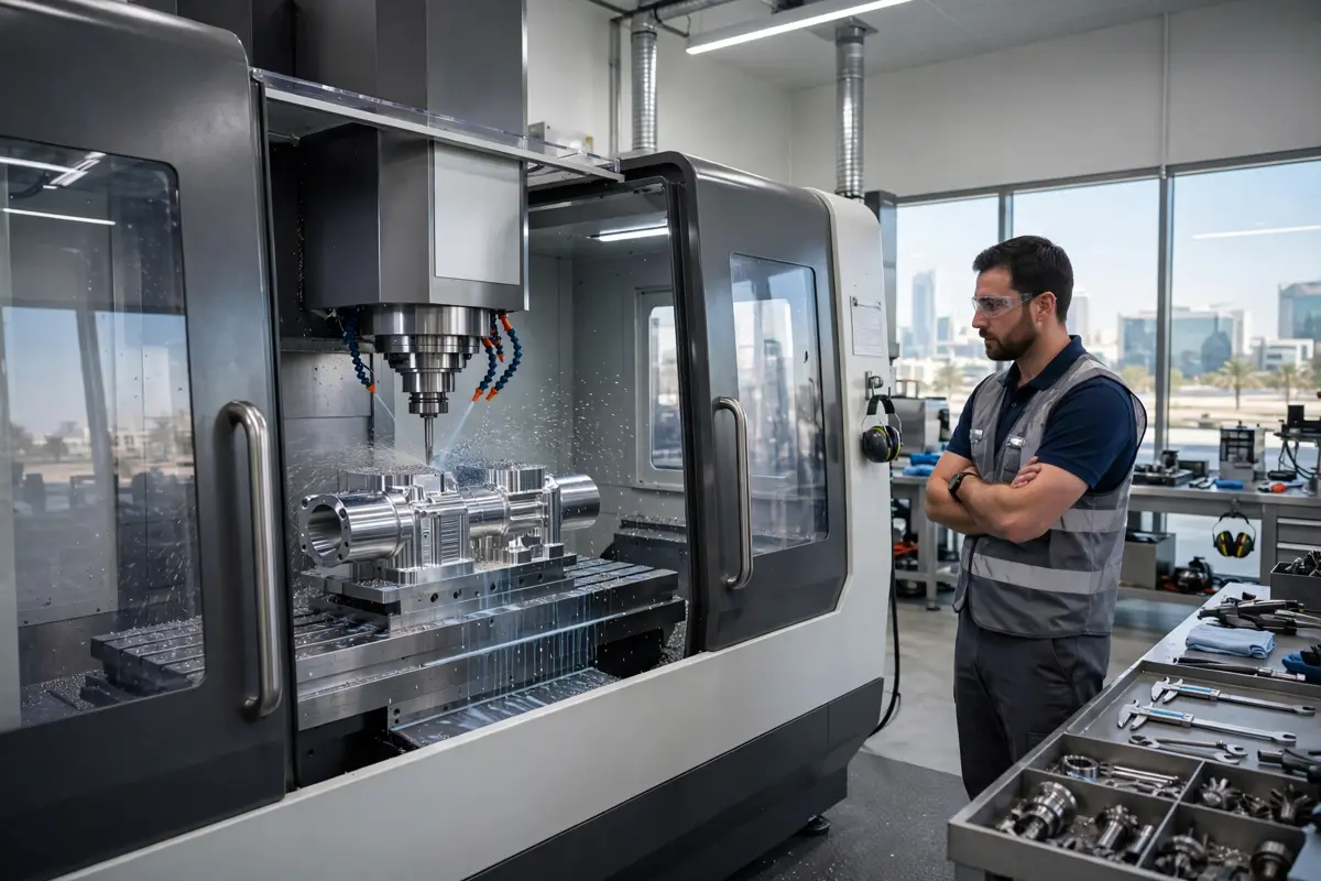 CNC milling machines in UAE workshop machining a metal component with an engineer supervising