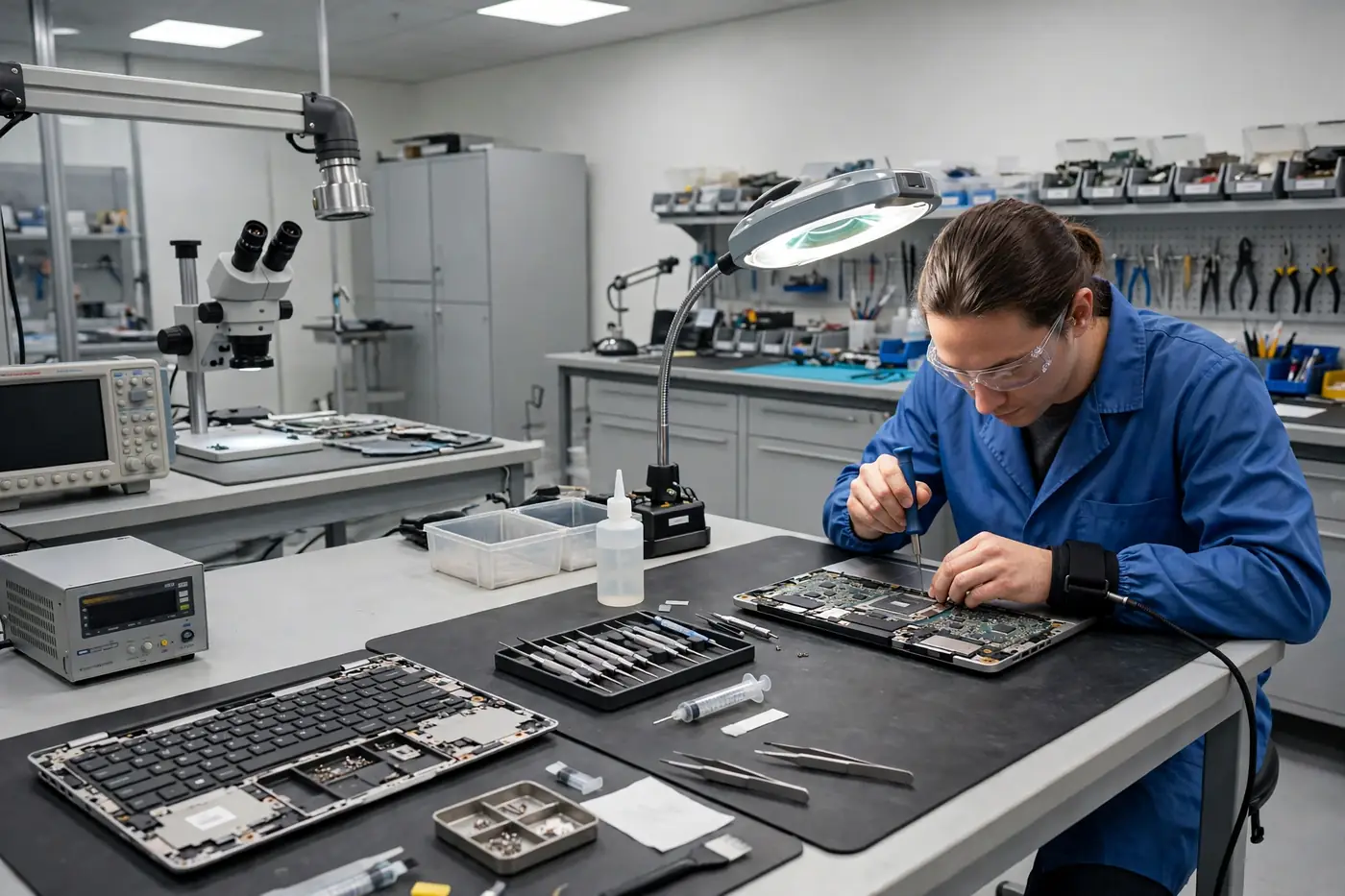 Technician doing computer repair in UAE on a laptop motherboard
