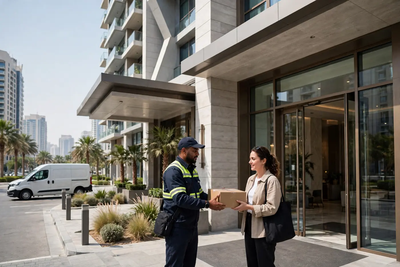 Courier delivering a parcel for courier services in UAE in Dubai