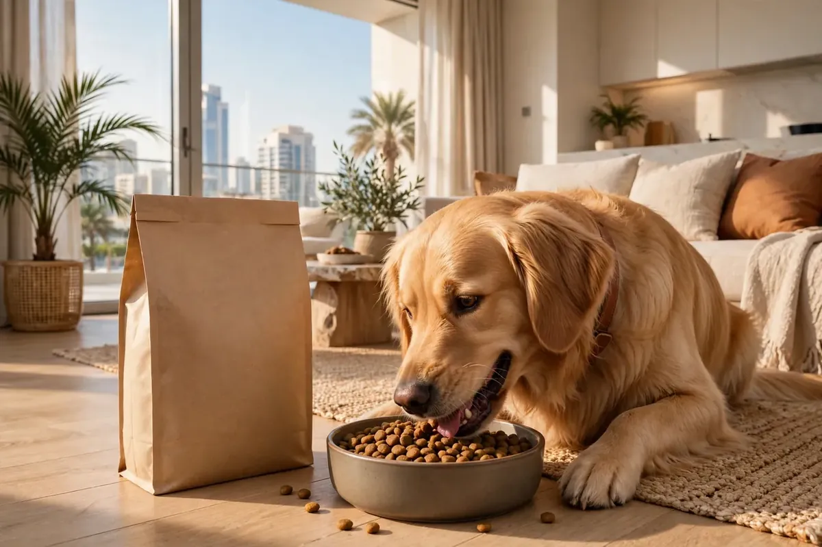 dog food in UAE – healthy dog eating premium food in a bright modern apartment