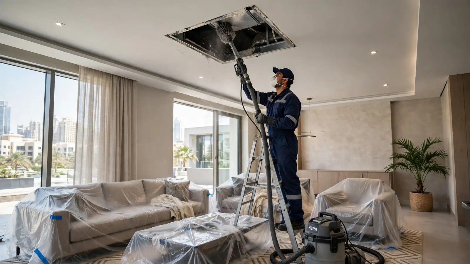 Technician providing duct cleaning in UAE with professional equipment