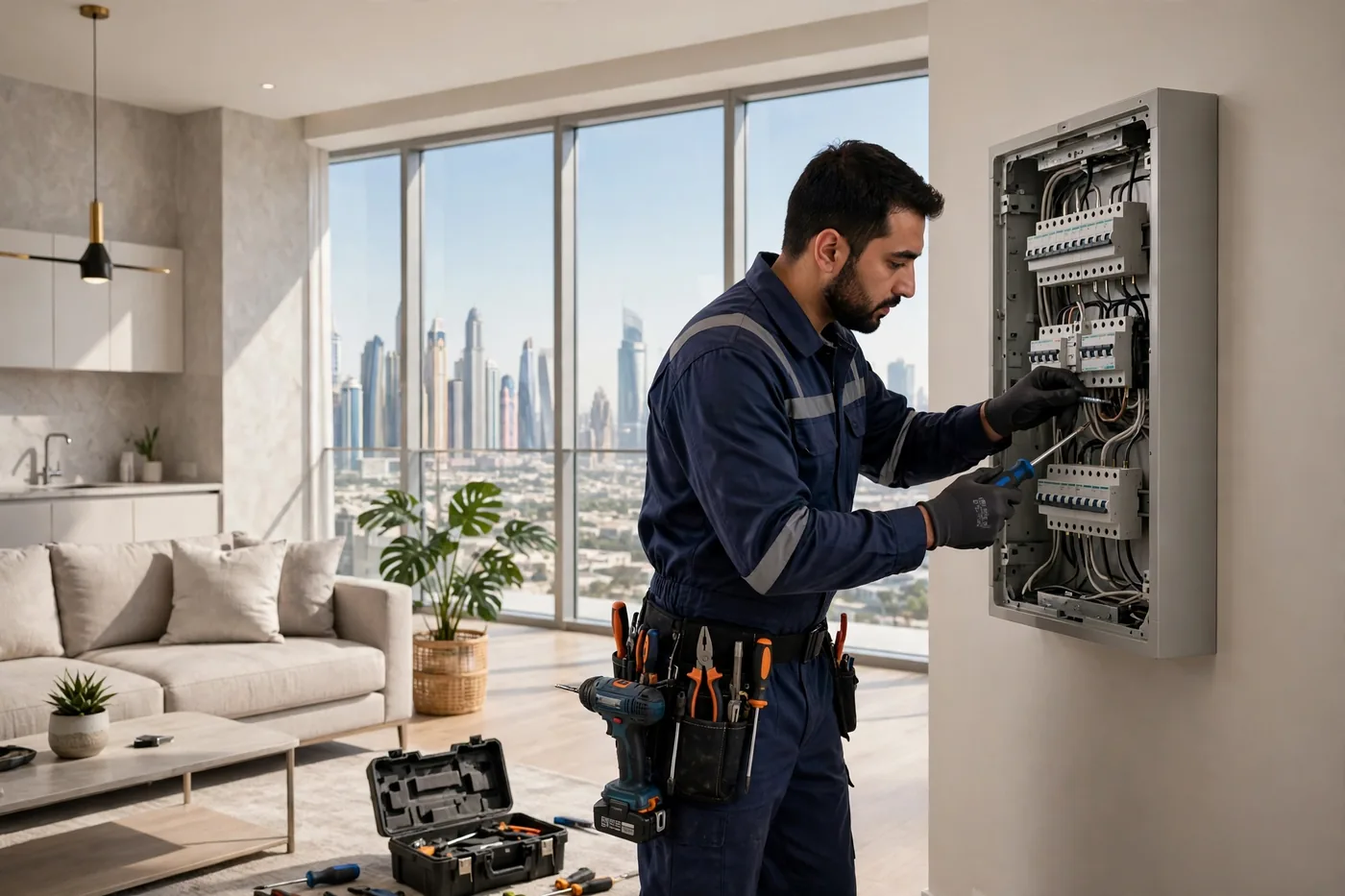 Professional electricians in UAE installing an electrical panel