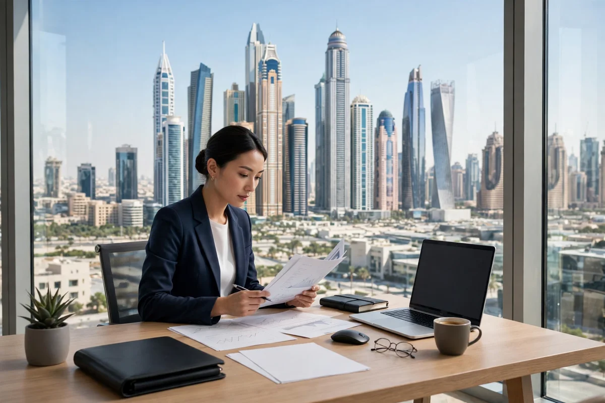 Finance and credit in UAE explained with a professional reviewing banking documents in Dubai