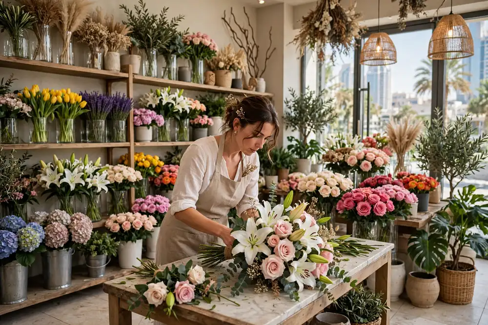 Florists in UAE arranging a bouquet of fresh roses and lilies