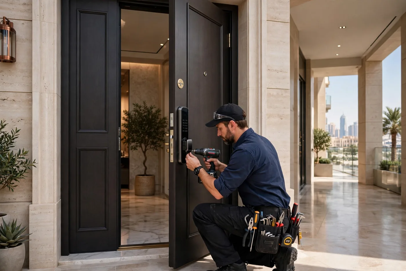 Professional locksmiths in UAE installing a digital smart lock