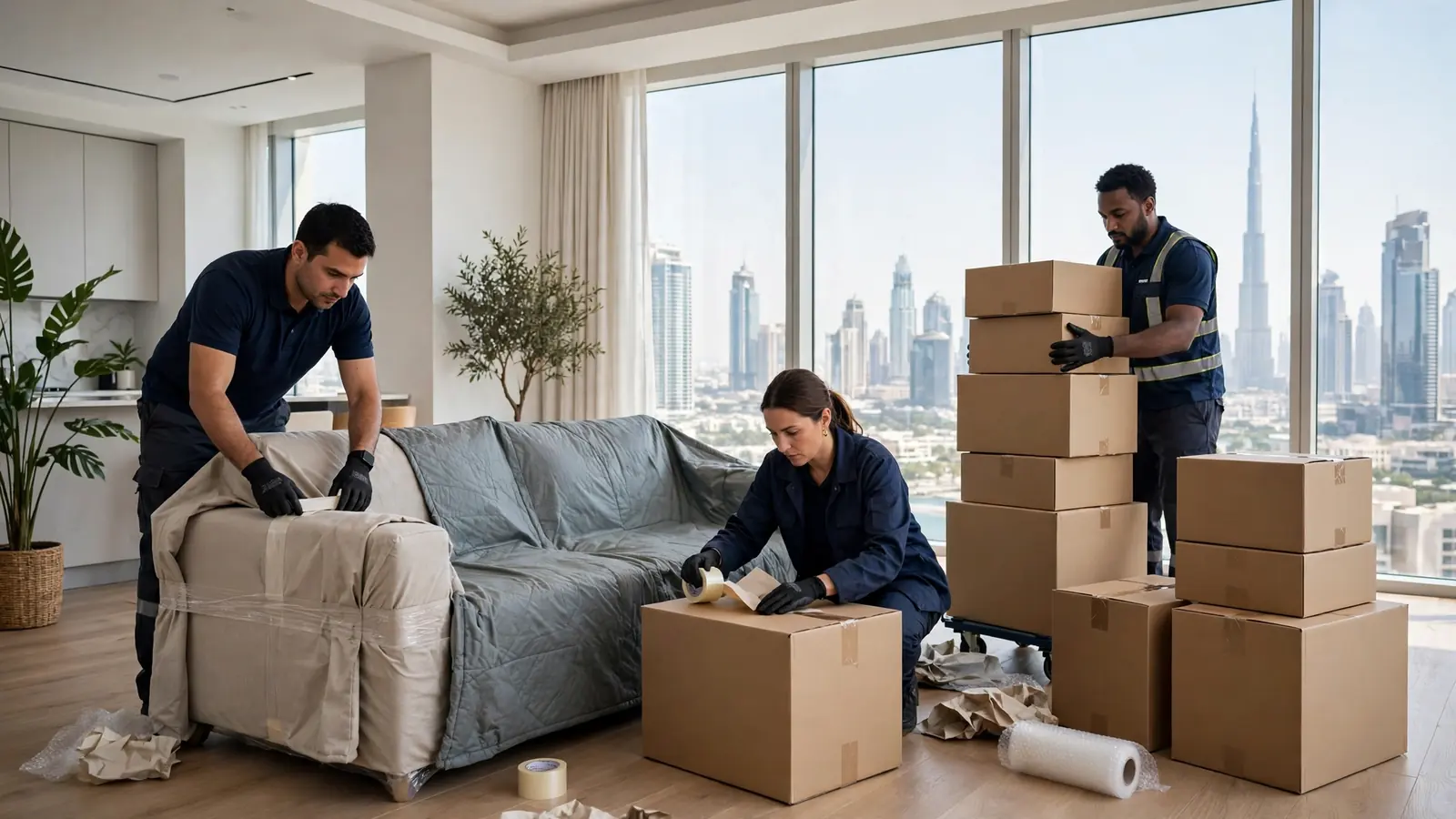 Packers and movers in UAE packing furniture in a modern Dubai apartment