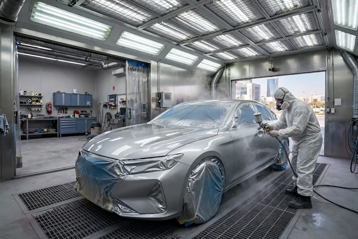 Paint spray booths in UAE car workshop with painter spray-painting a car in a downdraft booth