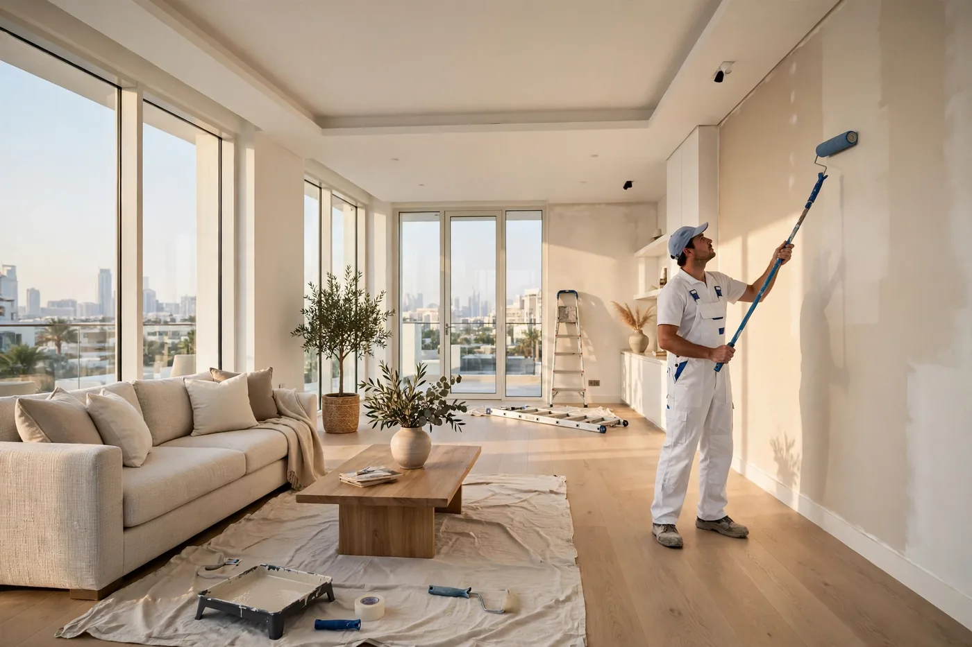 Professional painters in UAE painting a bright Dubai villa interior