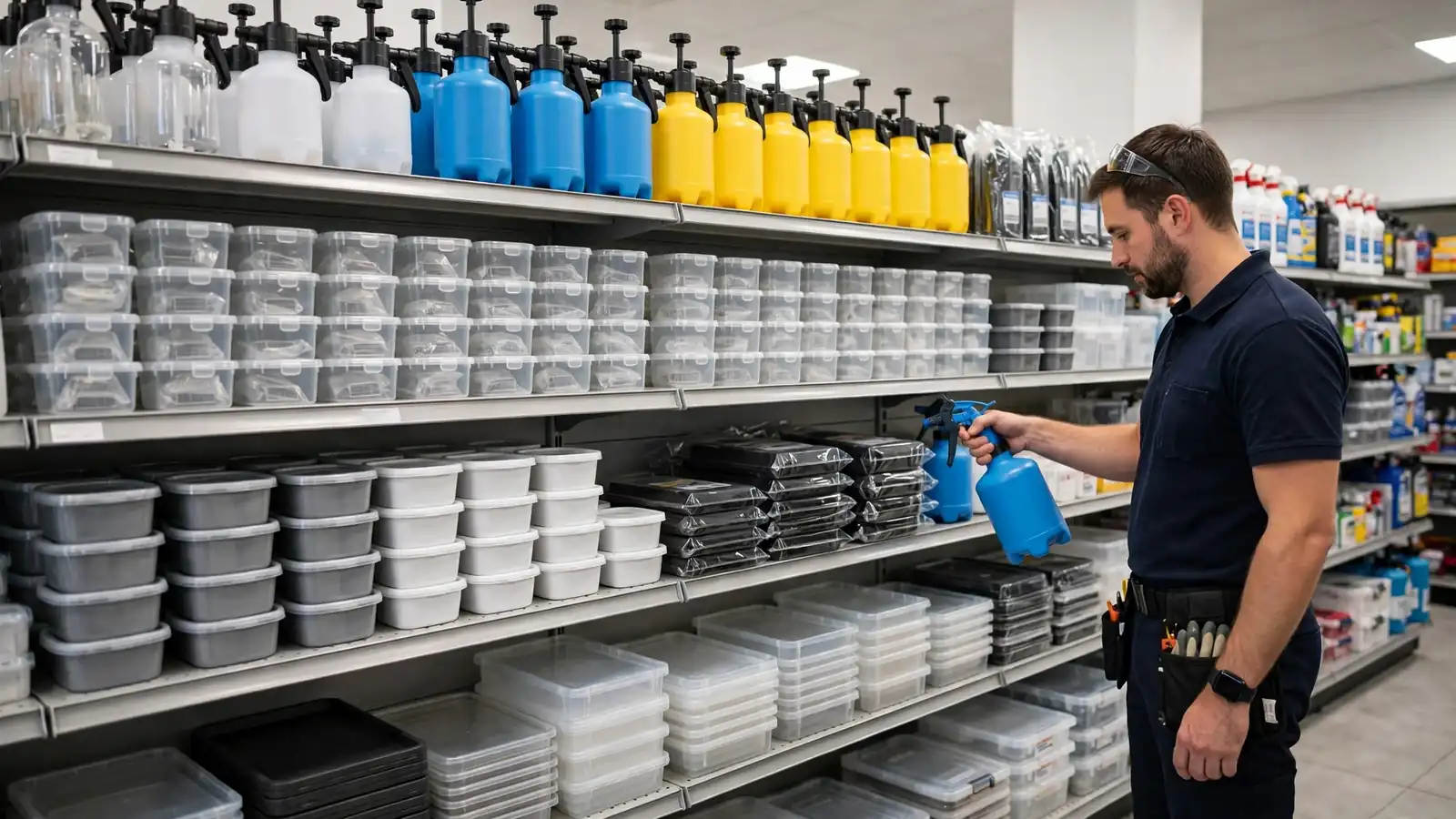 Pest control supplies in UAE arranged on shelves in a supply store