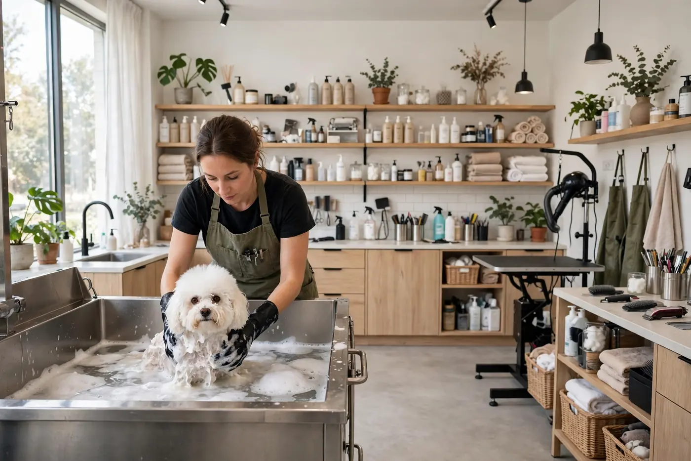 Groomer bathing a small dog during pet grooming in UAE