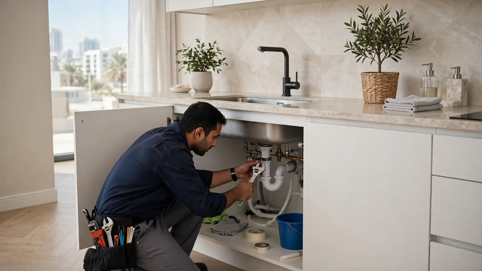 Plumbing services in UAE - plumber repairing a kitchen sink
