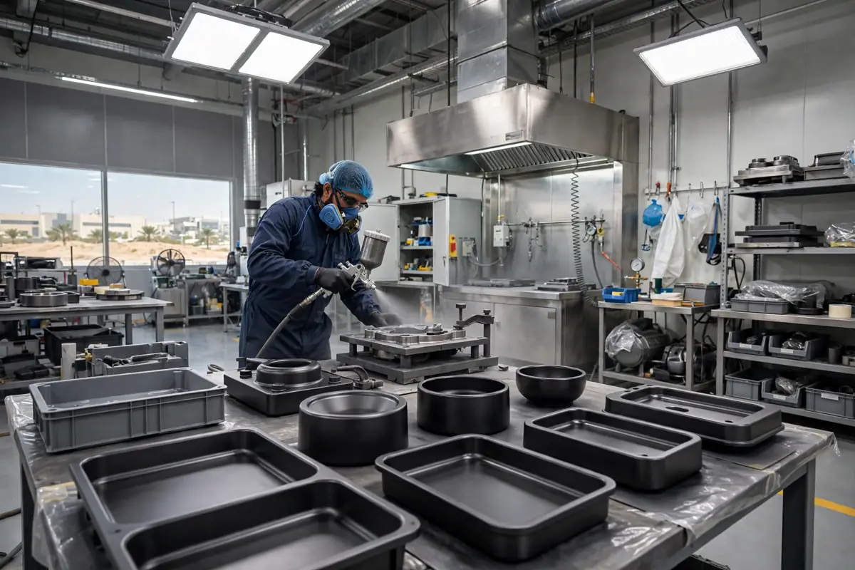 PTFE coatings in UAE industrial workshop with technician spray-coating metal parts