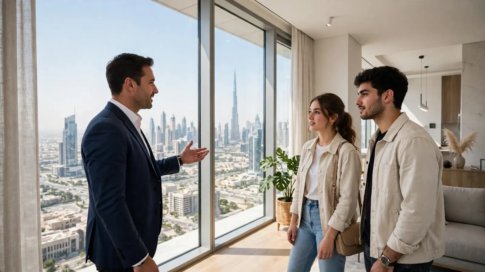 Real estate agents in UAE showing a modern Dubai apartment to clients
