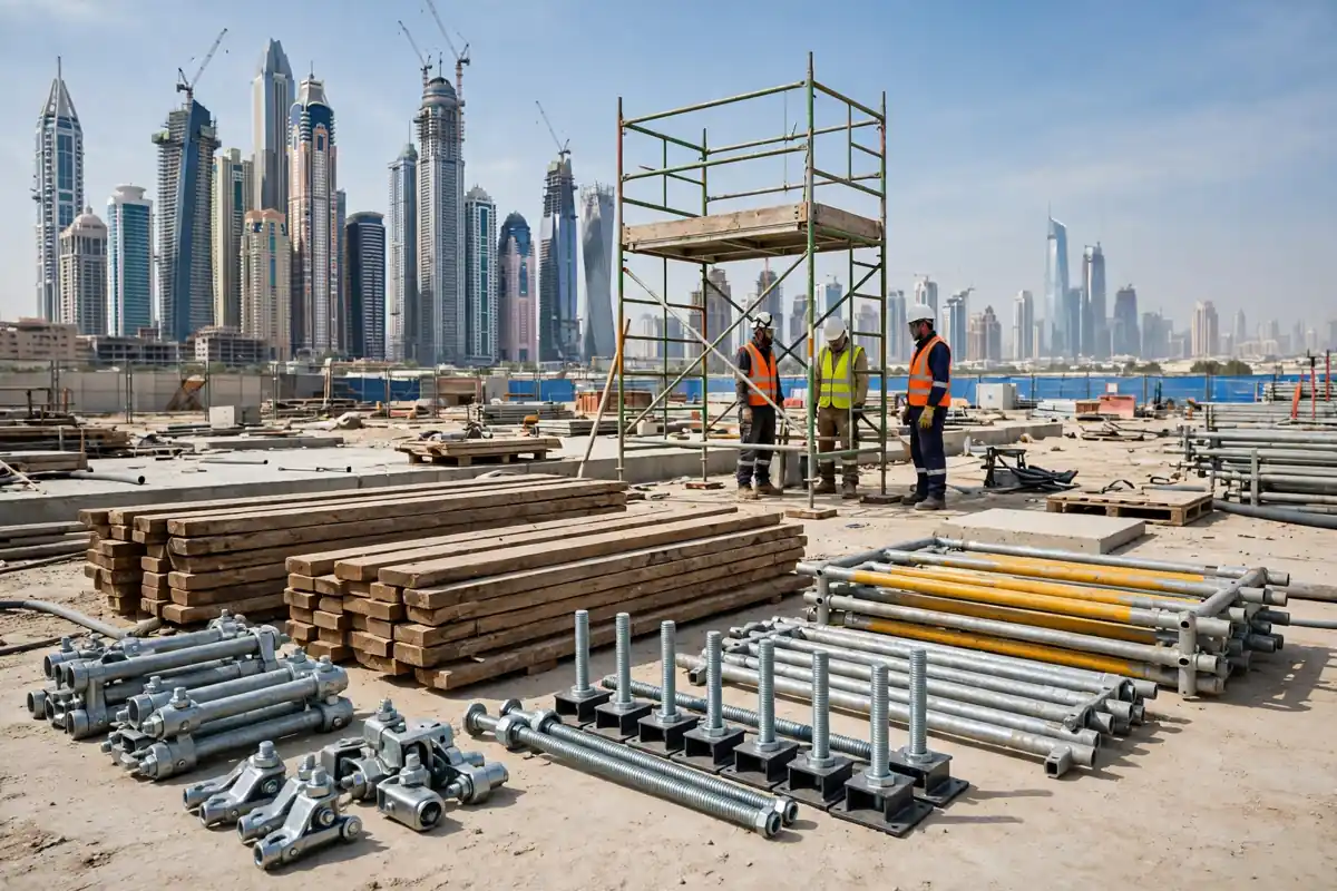 Scaffolding accessories in UAE construction site with couplers, boards and a scaffold tower