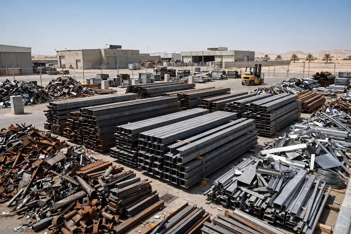 Scrap iron in UAE recycling yard with sorted steel and metal piles ready for collection and processing