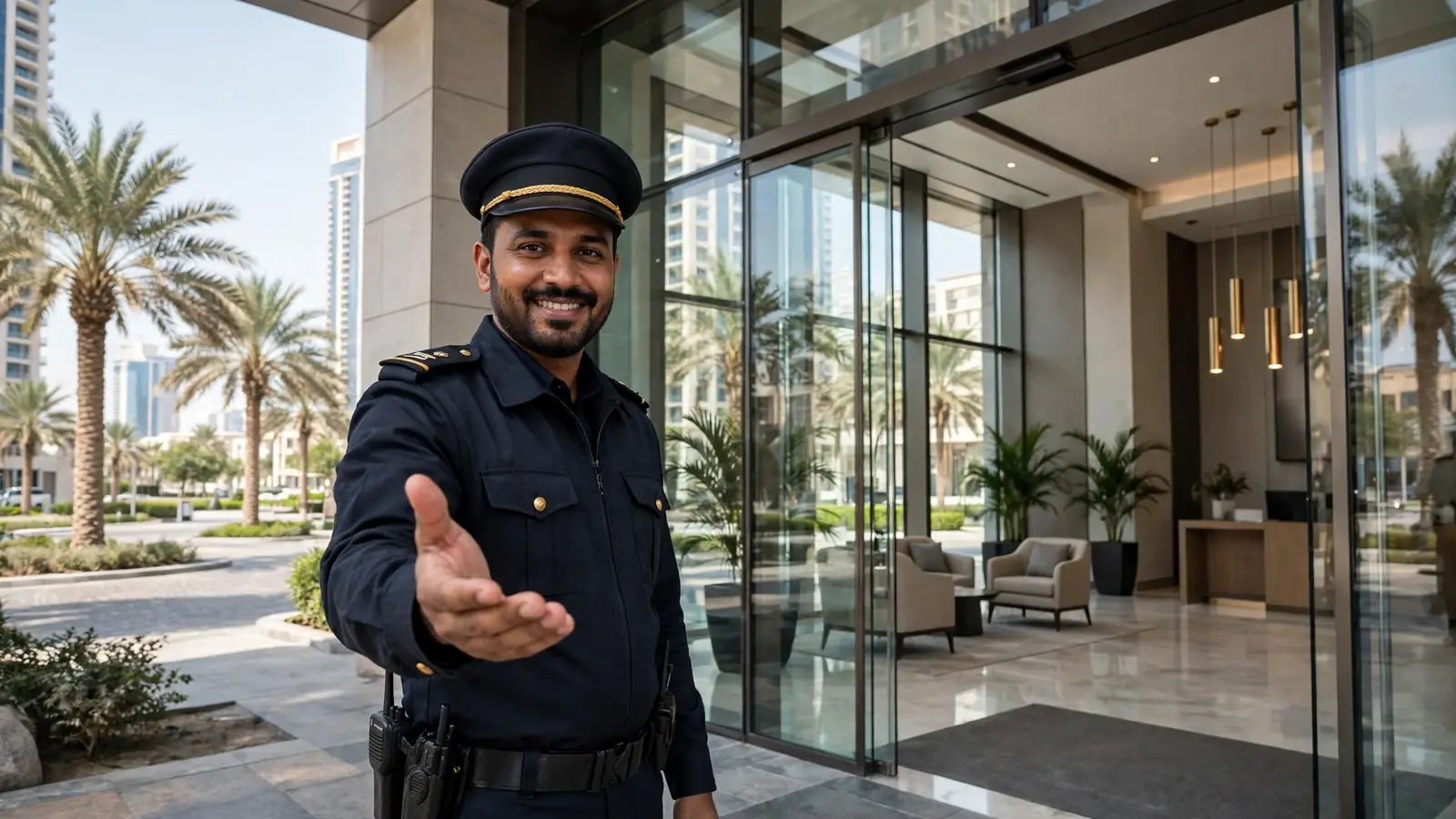 Security services in UAE - guard at a modern residential tower