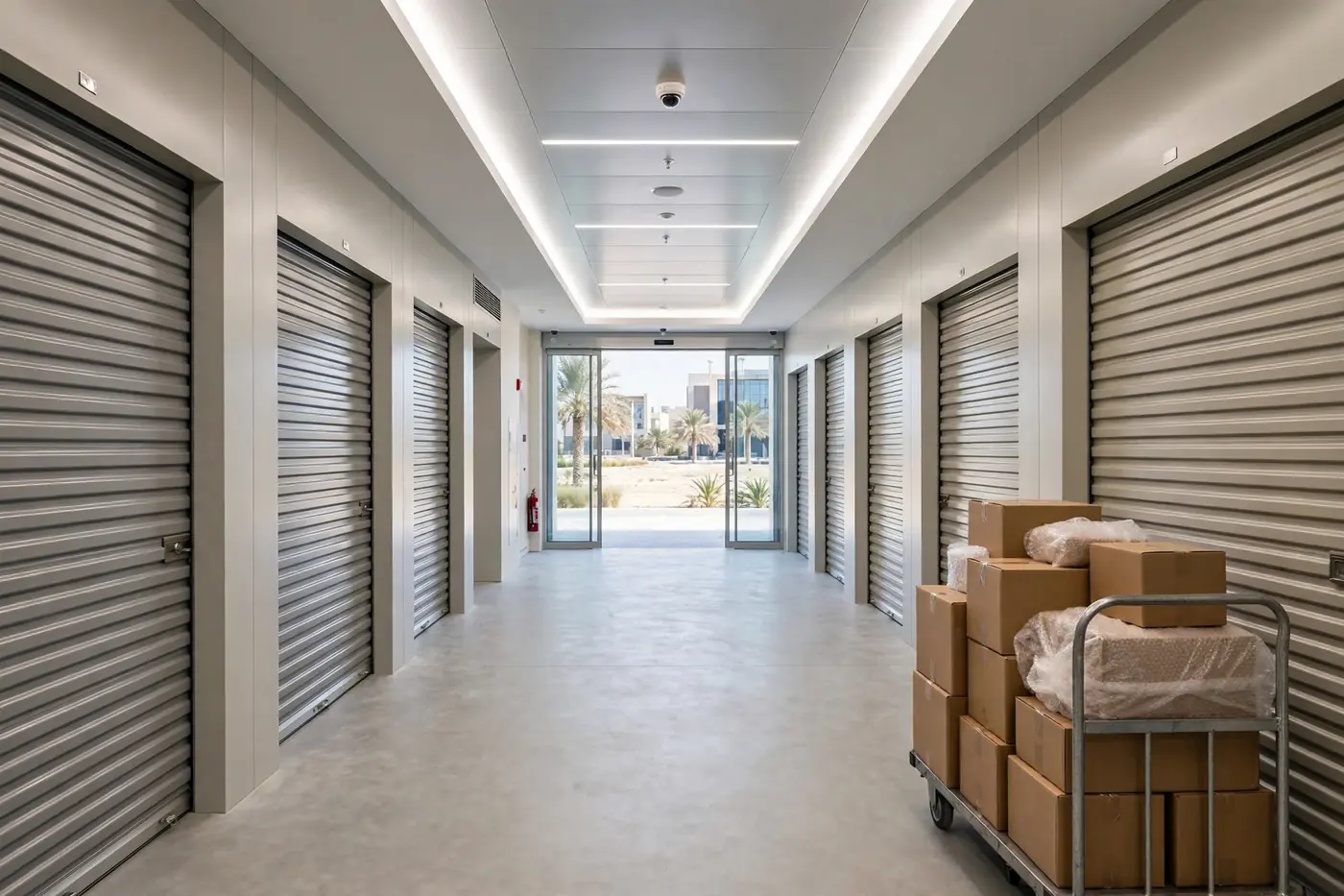 Clean modern self storage in UAE facility corridor with units