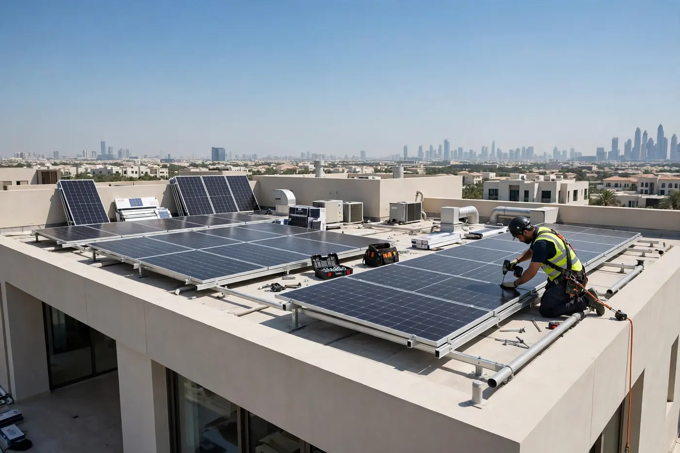Installing solar panels in UAE on a Dubai villa rooftop
