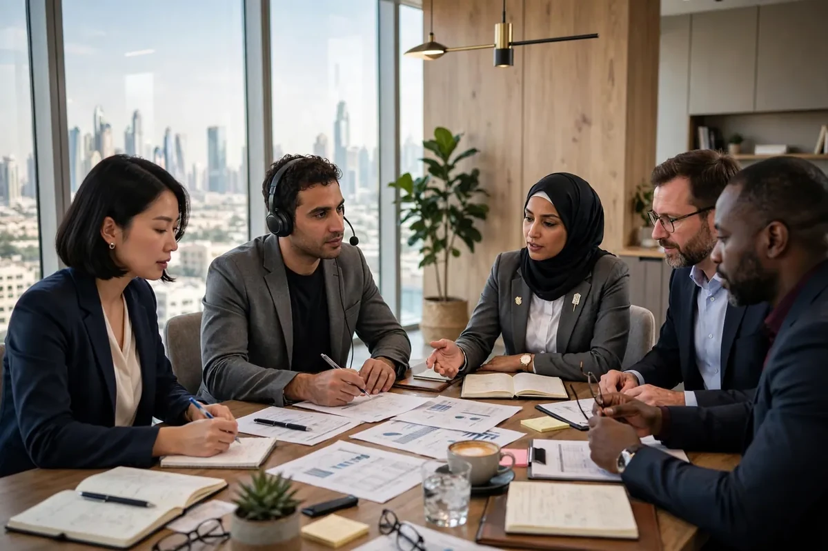 translation services in UAE – professional interpreter working with business clients in a Dubai office