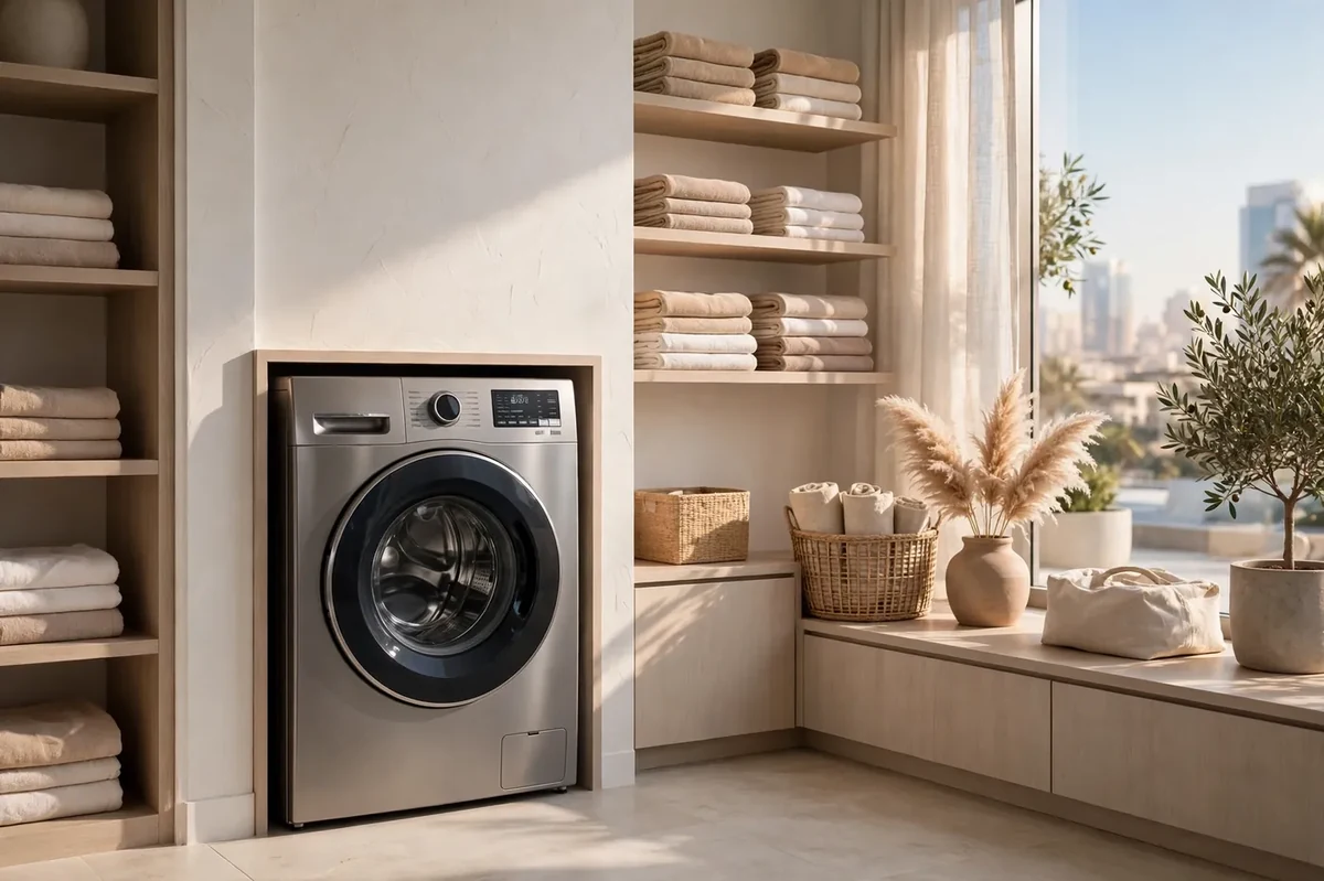 washing machines in UAE – modern front-load machine in a contemporary laundry area