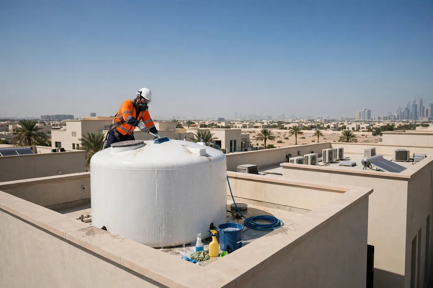 Worker carrying out water tank cleaning in UAE on a villa rooftop