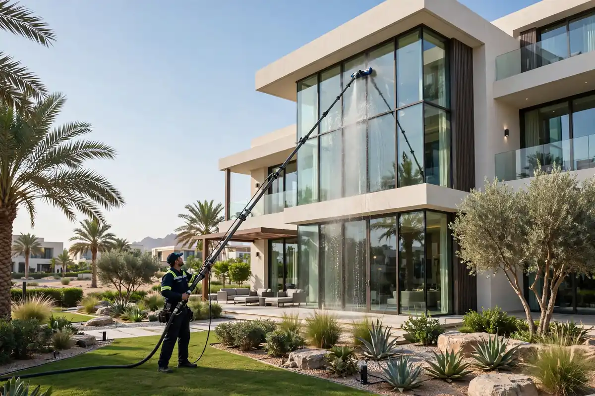 Professional window cleaning in UAE using a pure water pole system