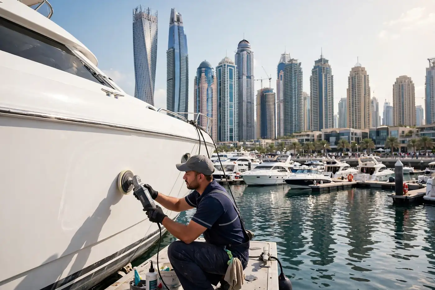 Technician polishing a hull during yacht maintenance in UAE marina